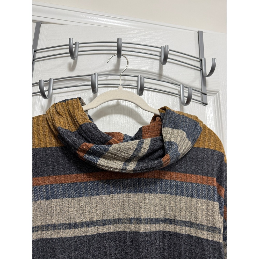 Boho Ariella Womens Striped Ribbed Cowl Neck Sweater Lace Up Back Multi Color L - Picture 12 of 12